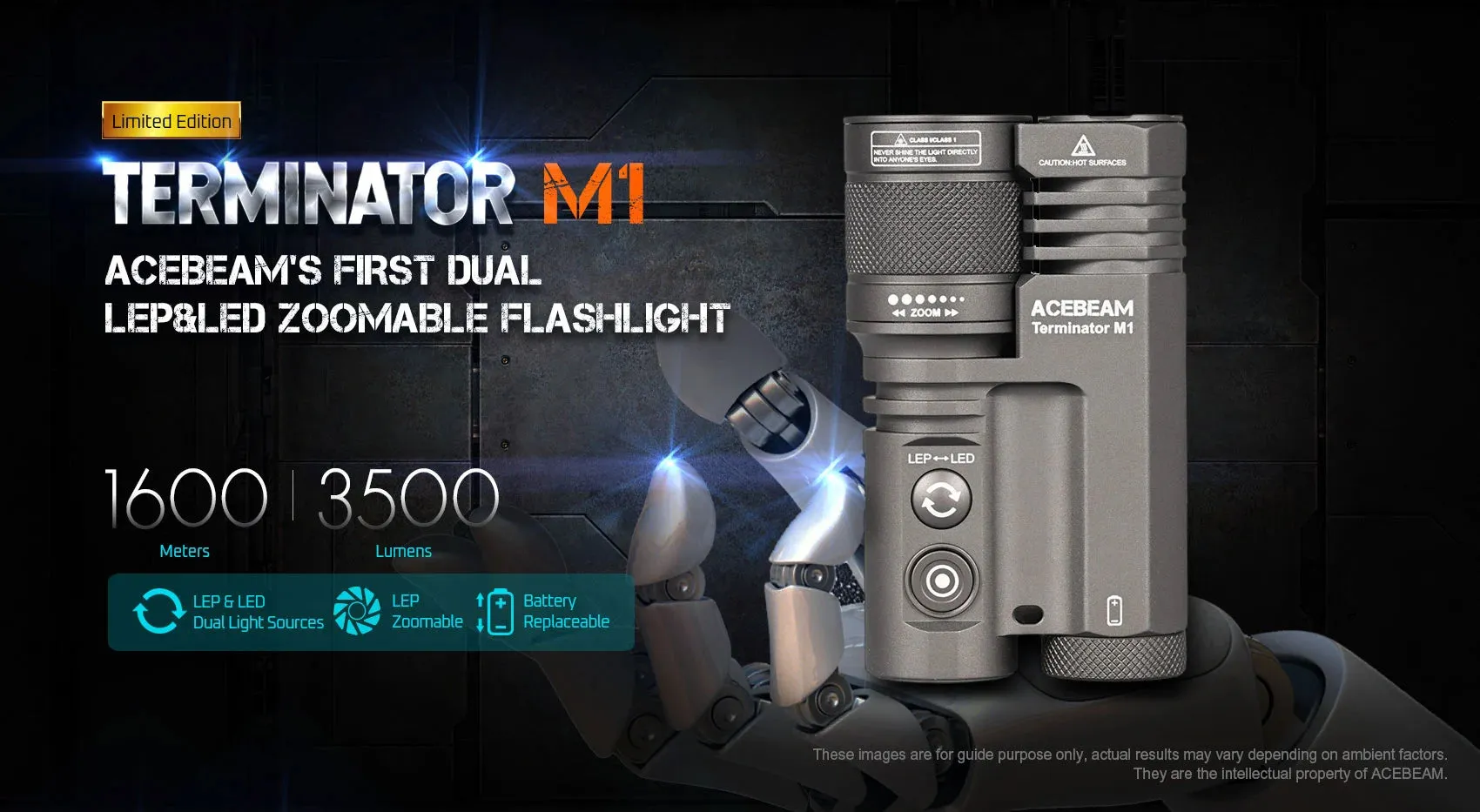 Acebeam Terminator M1 Dual LEP and LED Zoomable Rechargeable Flashlight