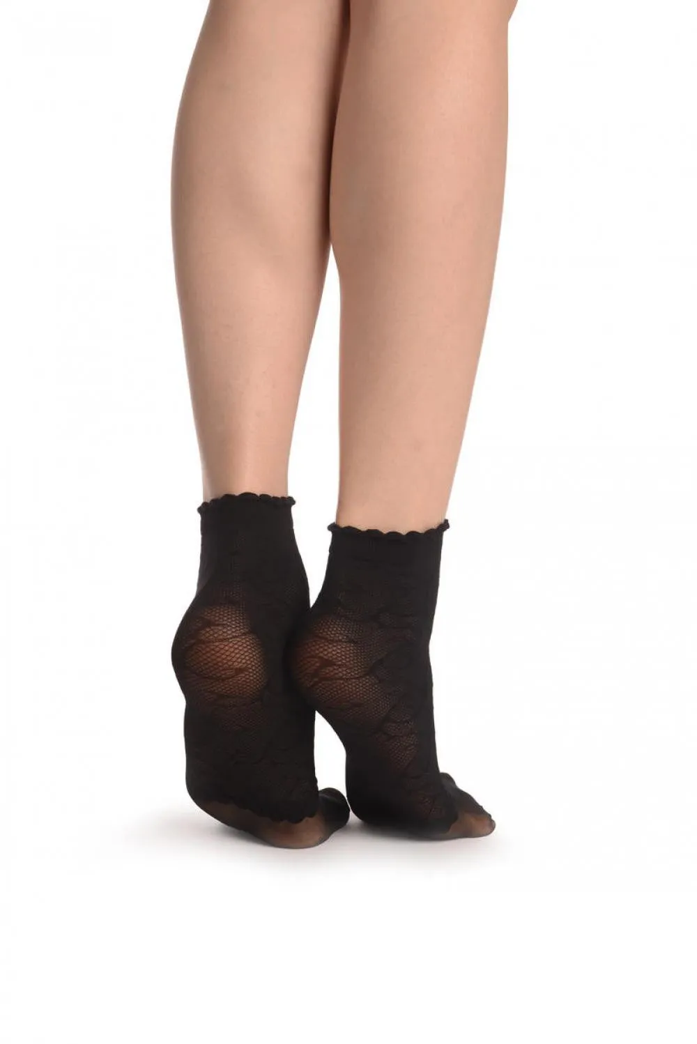 Black Patterned Mesh & Sheer Toes Socks Ankle High