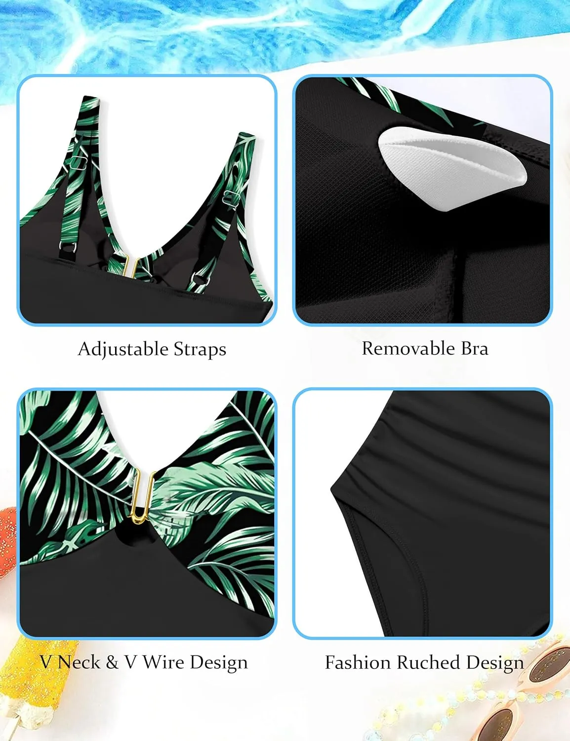Girls Swimsuit Ruched V Neck One Piece Bathing Suit with Adjustable Straps Solid Color Girls' Swimwear 9-16T