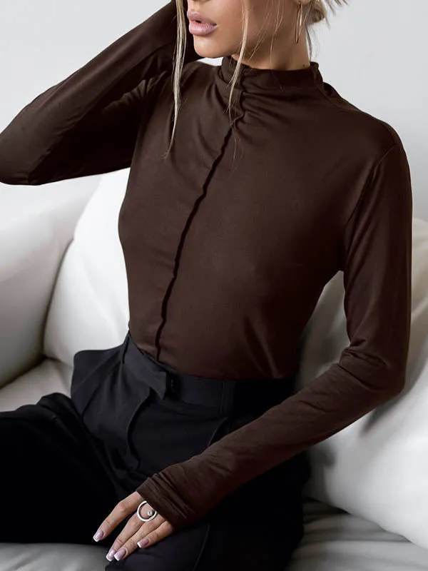Long Sleeves Skinny Solid Color Split-Joint High Neck T-Shirts Tops