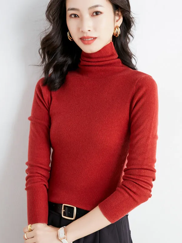 Simple Skinny Long Sleeves Solid Color High-Neck Sweater Tops Pullovers