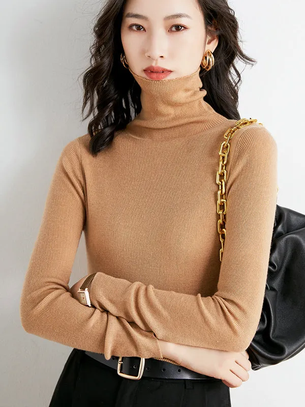 Simple Skinny Long Sleeves Solid Color High-Neck Sweater Tops Pullovers