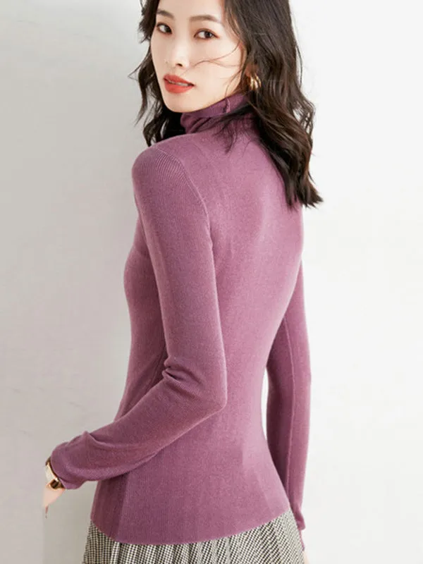 Simple Skinny Long Sleeves Solid Color High-Neck Sweater Tops Pullovers